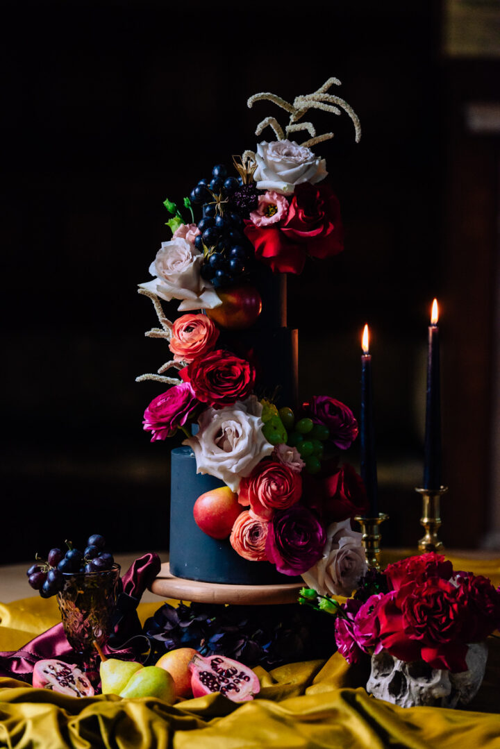 Wedding Cake Ideas Black Flowers Fruit Berni Palumbo Photography