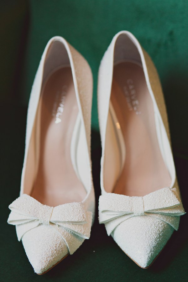 white bow wedding shoes