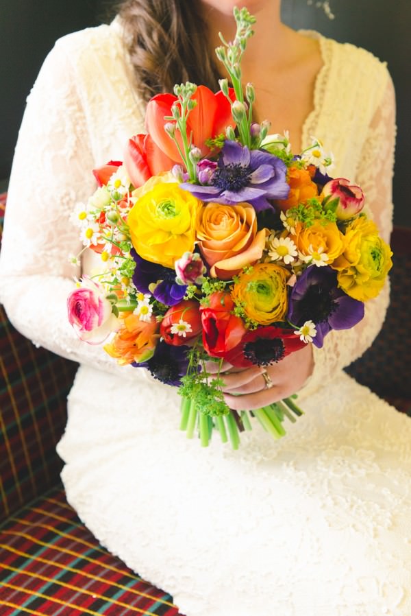 multicoloured rainbow wedding bouquet