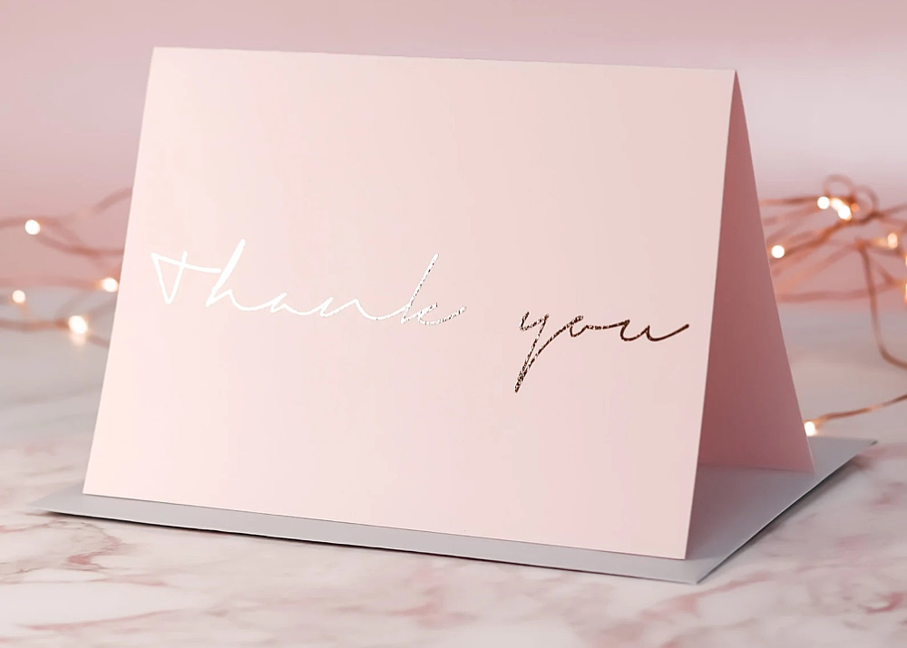 Wedding Thank You Card Pink Gold Calligraphy
