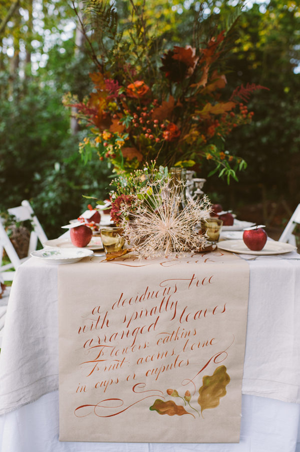 Calligraphy Table Cloth Woodland Boho Wedding Ideas http://www.karenflowerphotography.com/