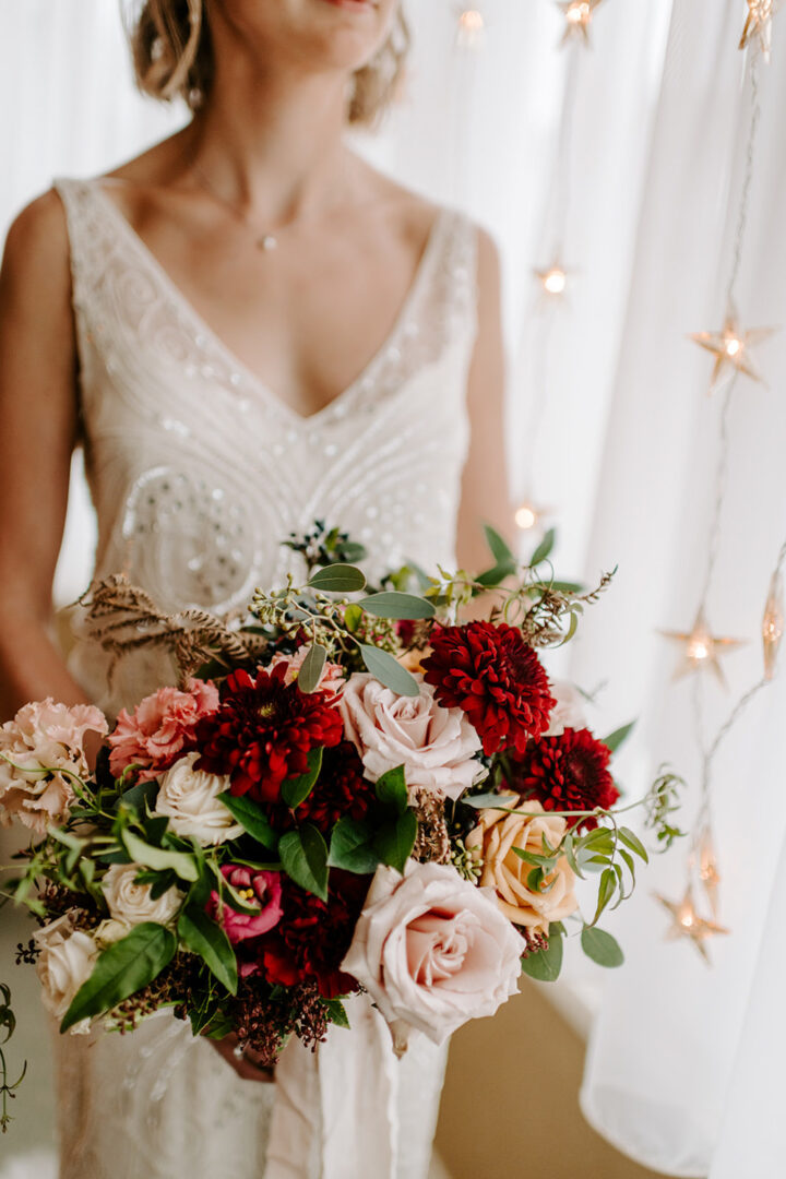 Winter Wedding Flowers Bouquet Red Pink Greenery Ellie Gillard Photography