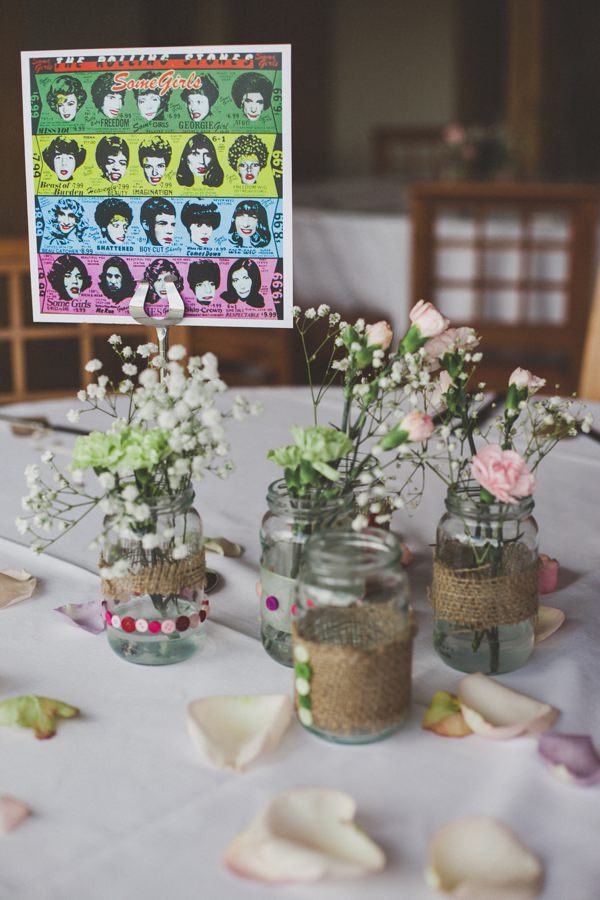 Homemade Pink Green Wedding Decorated Jam Jar Flowers http://www.jordannamarston.com/
