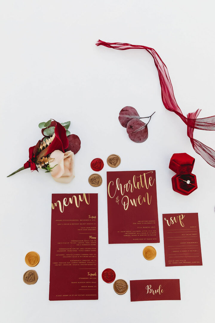 Wedding Invitaions Red Gold Calligraphy Victoria Crocker Photography