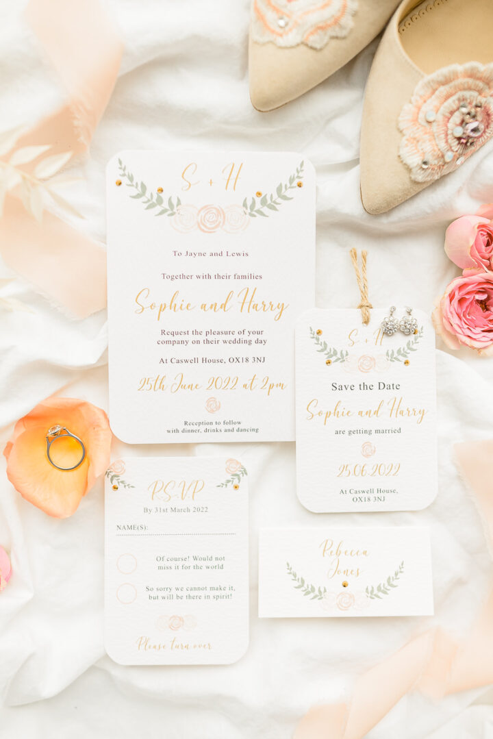 Wedding Invitation Idea Gold Pink Flowers Tanya Flannagan Photography