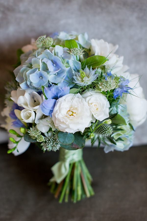 Fresh Fun Relaxed Blue & Green Wedding Thistles, Hydrangeas, Peonies, Delphinium, Nigella, Astrantia Freesias Bouquet http://www.katherineashdown.co.uk/