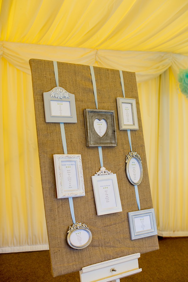 Fresh Fun Relaxed Blue & Green Wedding Hessian Frame Table Plan http://www.katherineashdown.co.uk/