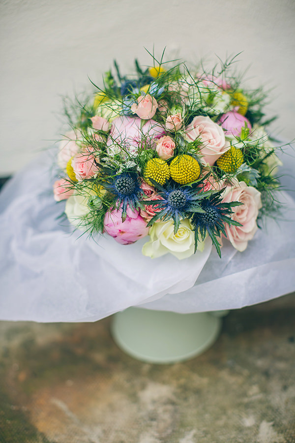 1950s Spring Village Fete Wedding Yellow Pink Bridal Bouquet Spring http://www.lifelinephotography.co.uk/