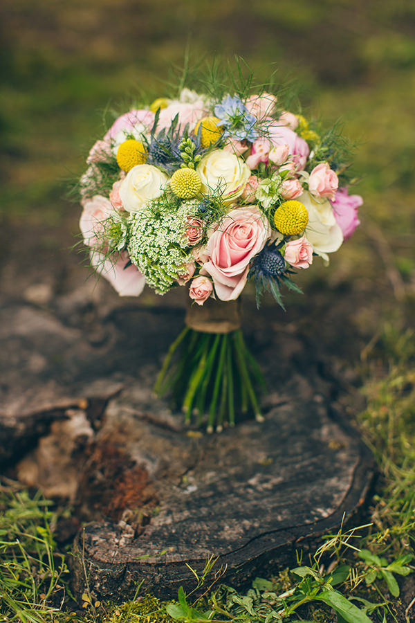 1950s Spring Village Fete Wedding Pink Yellow Bridal Bouquet http://www.lifelinephotography.co.uk/