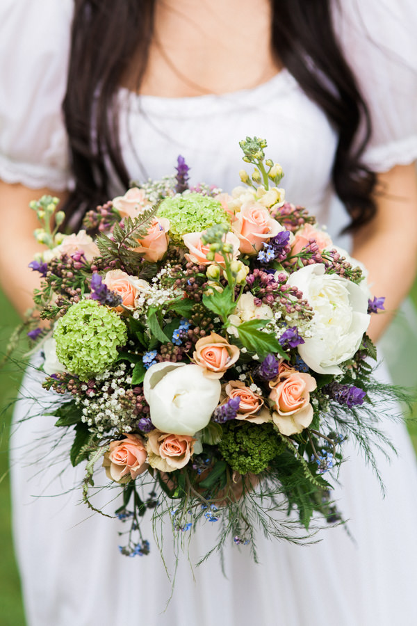 Whimsical Woodland Fairytale Wedding Bridal Bouquet Peonies, Forget-me-nots, Lilac, Spray roses, Viburnum snowball , Mint, Lavender and Treefern http://www.lisadawn.co.uk/