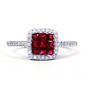 MAI 18CT WHITE GOLD RUBY AND DIAMOND HALO CLUSTER RING