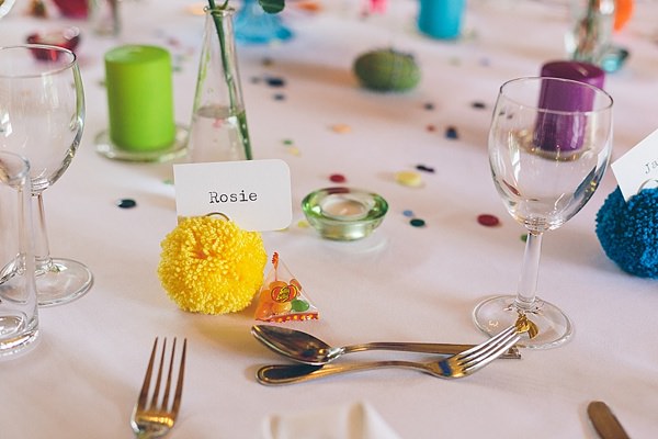 Creative Fun Rainbow Wedding Wool Pom Pom Place Name http://www.christinewehrmeier.com/ 