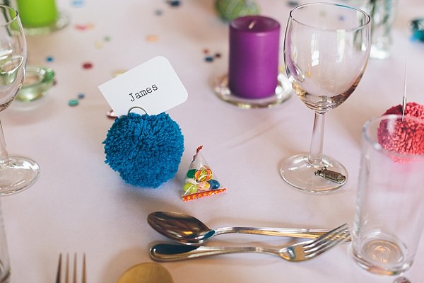 Creative Fun Rainbow Wedding Wool Pom Pom Place Name http://www.christinewehrmeier.com/