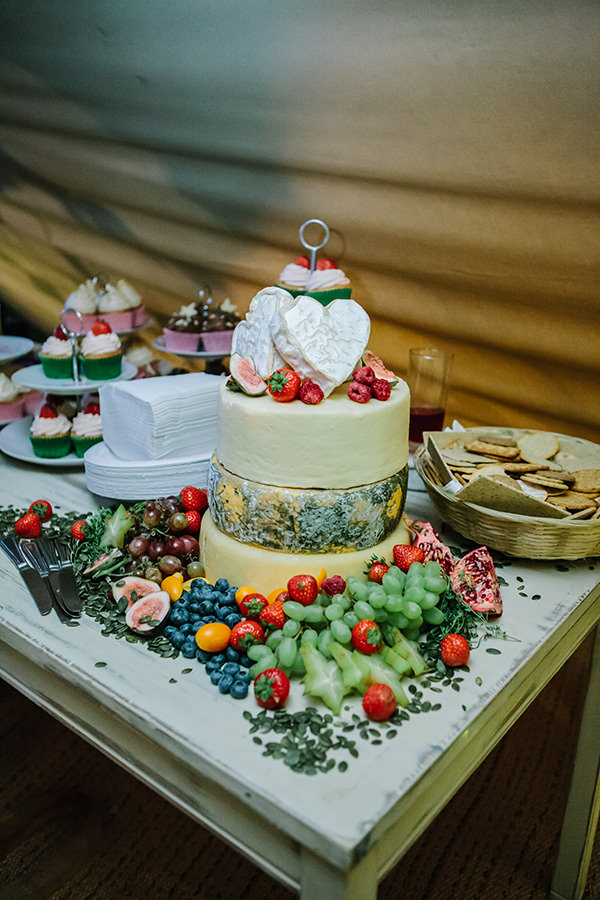 Bohemian Outdoor Tipi Wedding Cheese Tower http://www.sarahjanesphotography.co.uk/