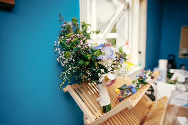Colourful Homemade Village Hall Wedding Wild Bouquet Bride Bridal Flowers http://hollydeacondesign.com/