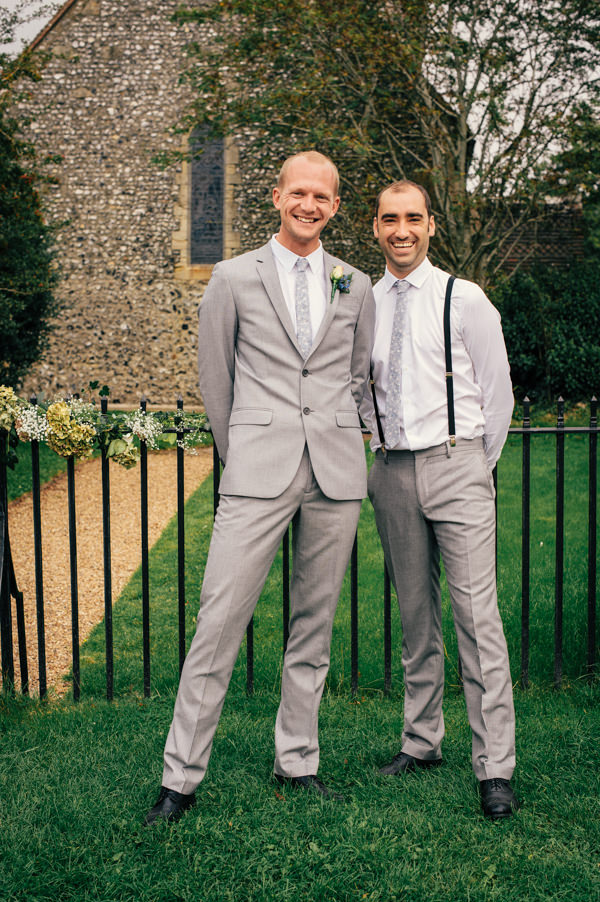 Colourful Homemade Village Hall Wedding Grey Suit Groom http://hollydeacondesign.com/ 