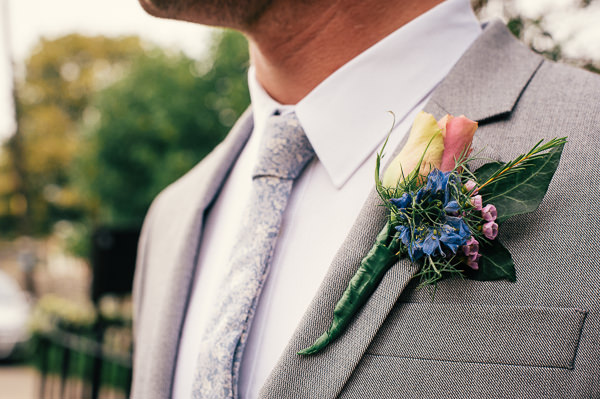 Colourful Homemade Village Hall Wedding Blue Pink Groom Buttonhole http://hollydeacondesign.com/