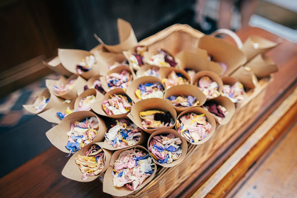 Colourful Homemade Village Hall Wedding Petals Confetti Cones http://hollydeacondesign.com/