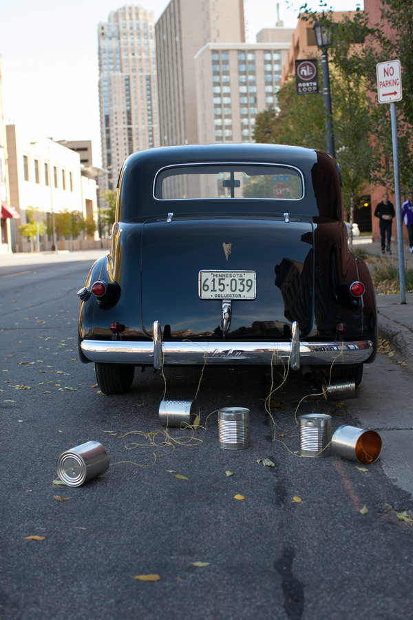 Simple Elegant Black Tie Minnesota Wedding Classic Car Decoration Tin Cans http://www.erinjohnsonphotoblog.com/