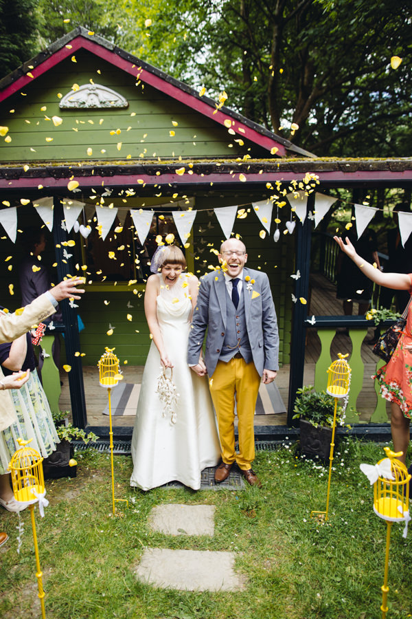 Yellow Rose Petal Confetti Creative Yellow 'Greys' Waterfall Woods Wedding http://www.lucylittle.co.uk/