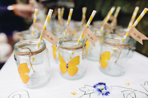 Butterfly Twine Mason Jam Jars Kilner Straws Drinks Creative Yellow 'Greys' Waterfall Woods Wedding http://www.lucylittle.co.uk/
