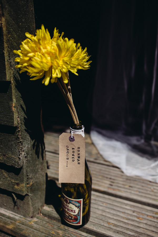 Wine Bottle Flowers Creative Yellow 'Greys' Waterfall Woods Wedding http://www.lucylittle.co.uk/