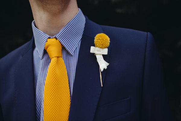 Pom Pom boutonnières buttonhole groom blue gingham shirt yellow knitted tie Creative Yellow 'Greys' Waterfall Woods Wedding http://www.lucylittle.co.uk/
