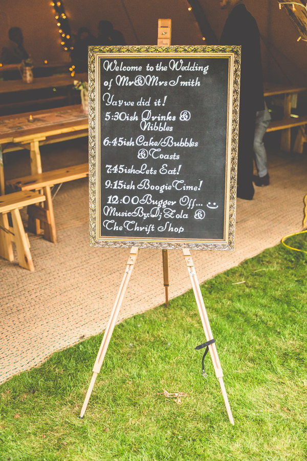 Blackboard Sign Vintage Tea Party Tipi Wedding http://lovethatsmilephotography.com/