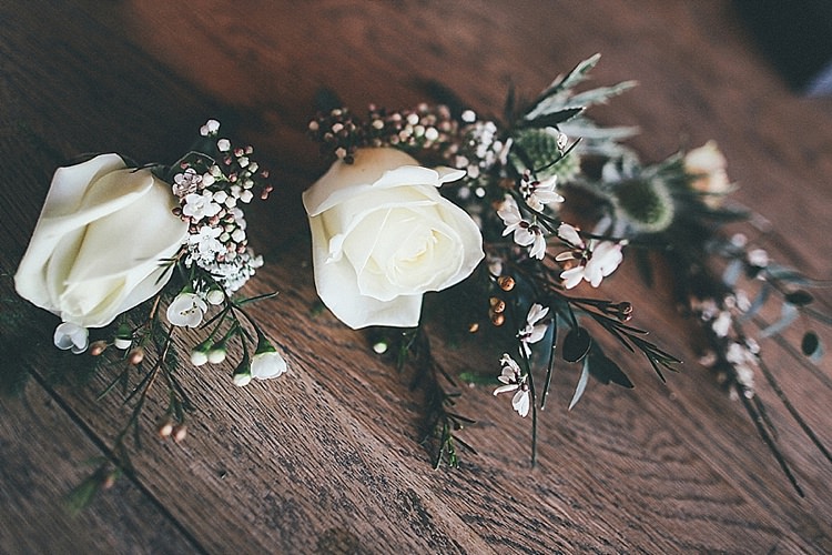 Rose Buttonholes Whimsical Green White Fairy Lights Winter Wedding http://jesspetrie.com/