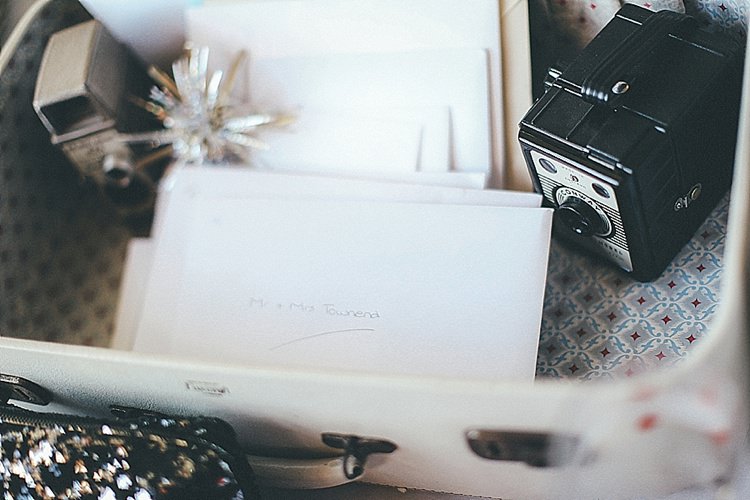 Suitcase Card Box Whimsical Green White Fairy Lights Winter Wedding http://jesspetrie.com/