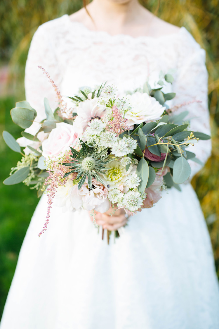 Wild Natural Pink White Ivory Rose Thistle Flowers Bouquet Bride Bridal Pretty Quirky DIY Village Hall Wedding http://lauradebourdephotography.com/