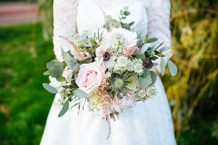 Bride Bridal Bouquet Flowers Pink White Ivory Foliage Pretty Quirky DIY Village Hall Wedding http://lauradebourdephotography.com/