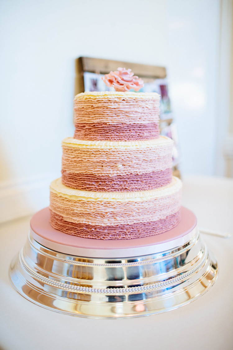 Pink Ombre Ruffle Cake Pretty Quirky DIY Village Hall Wedding http://lauradebourdephotography.com/