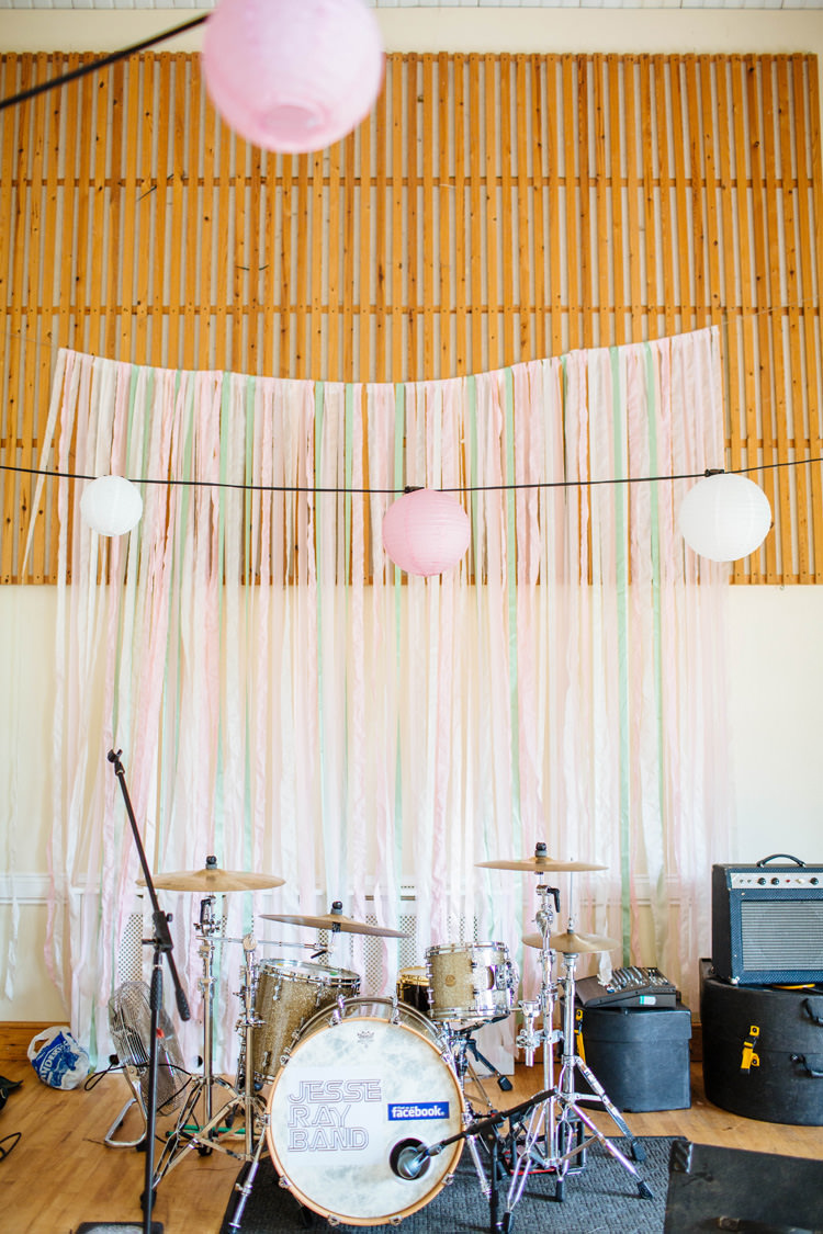 Ribbon Backdrop Decor Pastel Pink Pretty Quirky DIY Village Hall Wedding http://lauradebourdephotography.com/