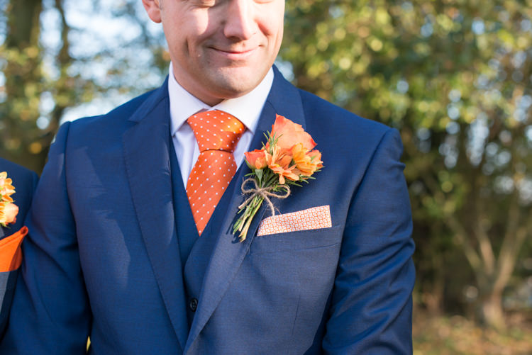 Navy Groom Suit Tie Rose Buttonhole Charming Orange Navy Rustic Wedding http://www.kayleighpope.co.uk/