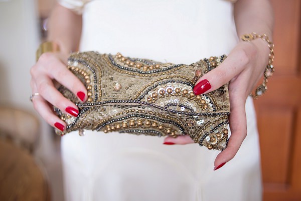Sequin Glitter Sparkle Bag Bride Bridal Clutch Accessory Red Nails Stylish Modern Monochrome Village Hall Wedding http://www.sarareeve.com/