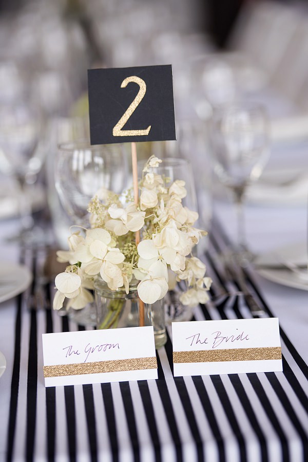 Stripe Stripes Glitter Table Decor Names White Black Stylish Modern Monochrome Village Hall Wedding http://www.sarareeve.com/