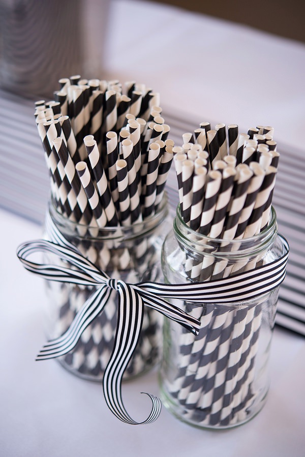 Stripe Stripy Straws Black White Ribbon Decor Stylish Modern Monochrome Village Hall Wedding http://www.sarareeve.com/