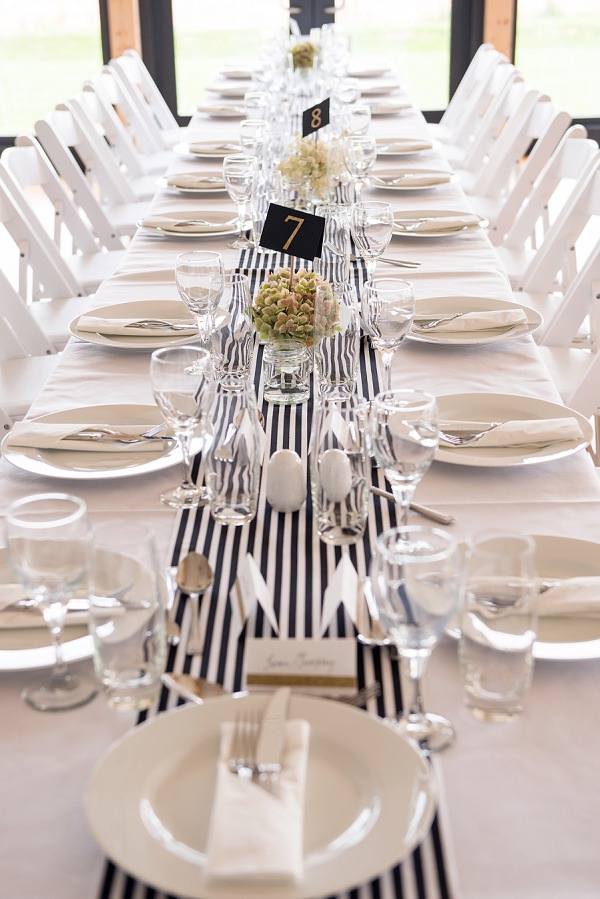 Stripe Stripy Table Cloth Runners Black White Stylish Modern Monochrome Village Hall Wedding http://www.sarareeve.com/