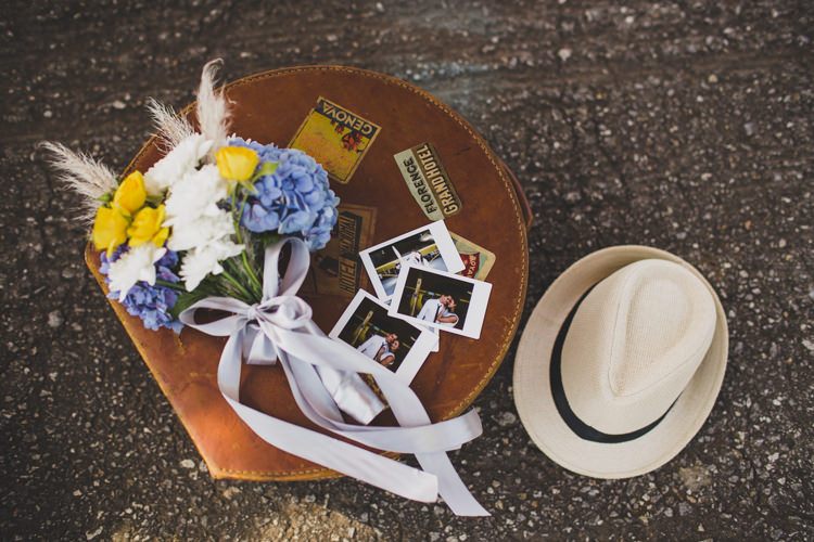 Yellow Blue Ribbon Bouquet Vintage 1920s Aerodrome Styled Engagement Shoot Portugal http://jesuscaballero.com/