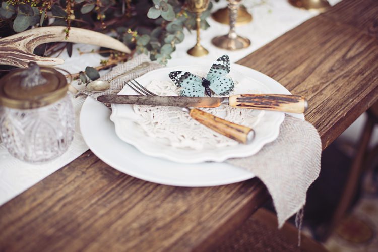 Butterfly Place Setting Cuttlery Eccentric Flower Fairy Rustic Woodland Glitter Pink Dip Die Fairy Lights Wedding Ideas Editorial Bridal http://www.tireedawson.co.uk/