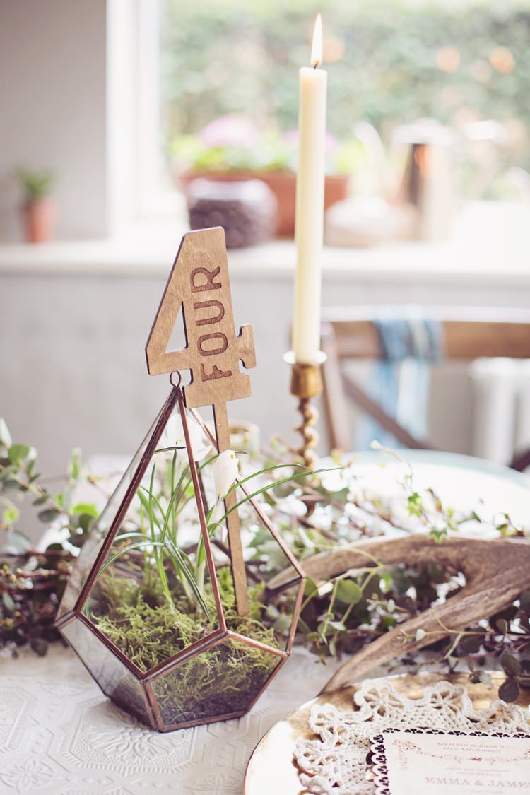 Terranium Table Name Wooden Eccentric Flower Fairy Rustic Woodland Glitter Pink Dip Die Fairy Lights Wedding Ideas Editorial Bridal http://www.tireedawson.co.uk/