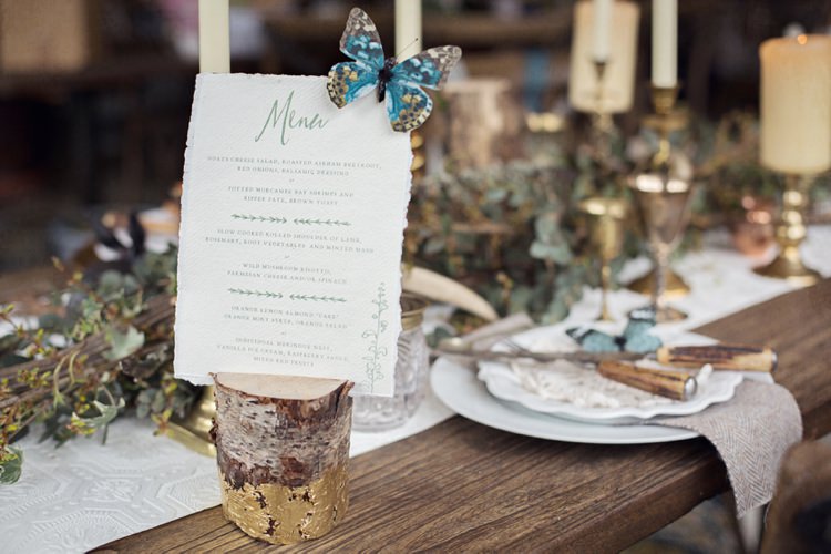 Butterfly Menu Stationery Log Eccentric Flower Fairy Rustic Woodland Glitter Pink Dip Die Fairy Lights Wedding Ideas Editorial Bridal http://www.tireedawson.co.uk/