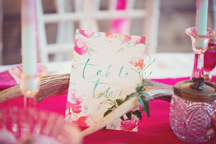Watercolour Table Name Number Eccentric Flower Fairy Rustic Woodland Glitter Pink Dip Die Fairy Lights Wedding Ideas Editorial Bridal http://www.tireedawson.co.uk/