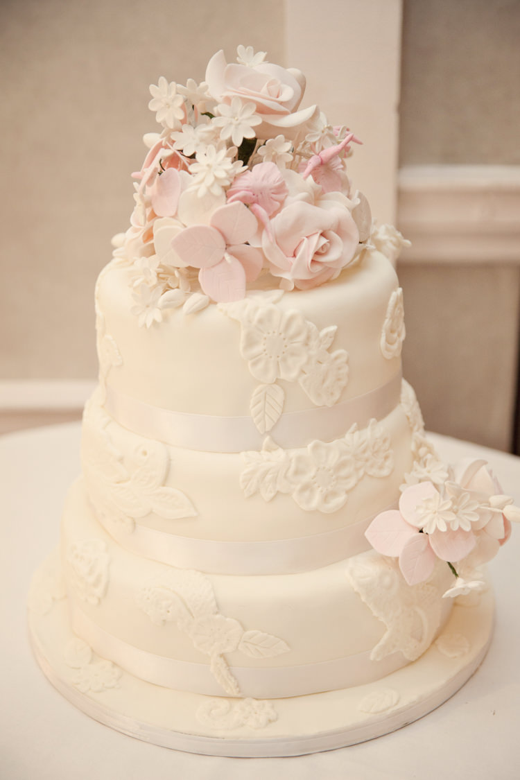 White Flower Pink Floral Cake Classic Chic Simple Elegant Champagne Wedding Kent http://kerryannduffy.com/