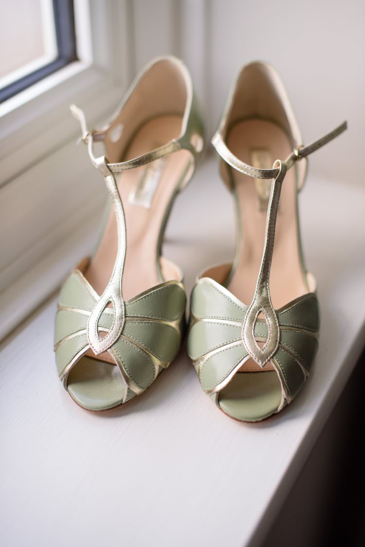 Rachel Simpson Shoes Green Gold T Bar Peep Toe Heels Bride Bridal Classic 1920s Gatsby Wedding Newland Hall http://www.fayecornhillphotography.co.uk/