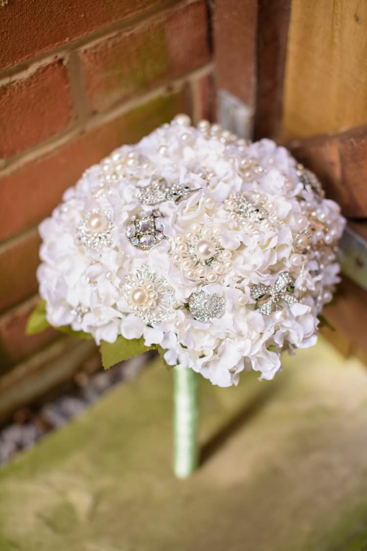 Hydrangea Brooch Bouquet Bridal Flowesr White Classic 1920s Gatsby Wedding Newland Hall http://www.fayecornhillphotography.co.uk/