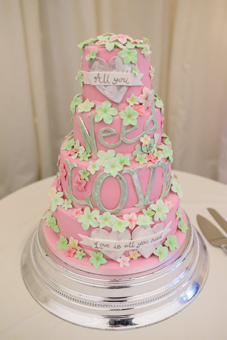 All You Need is Love Cake Pink Green Flowers Classic 1920s Gatsby Wedding Newland Hall http://www.fayecornhillphotography.co.uk/
