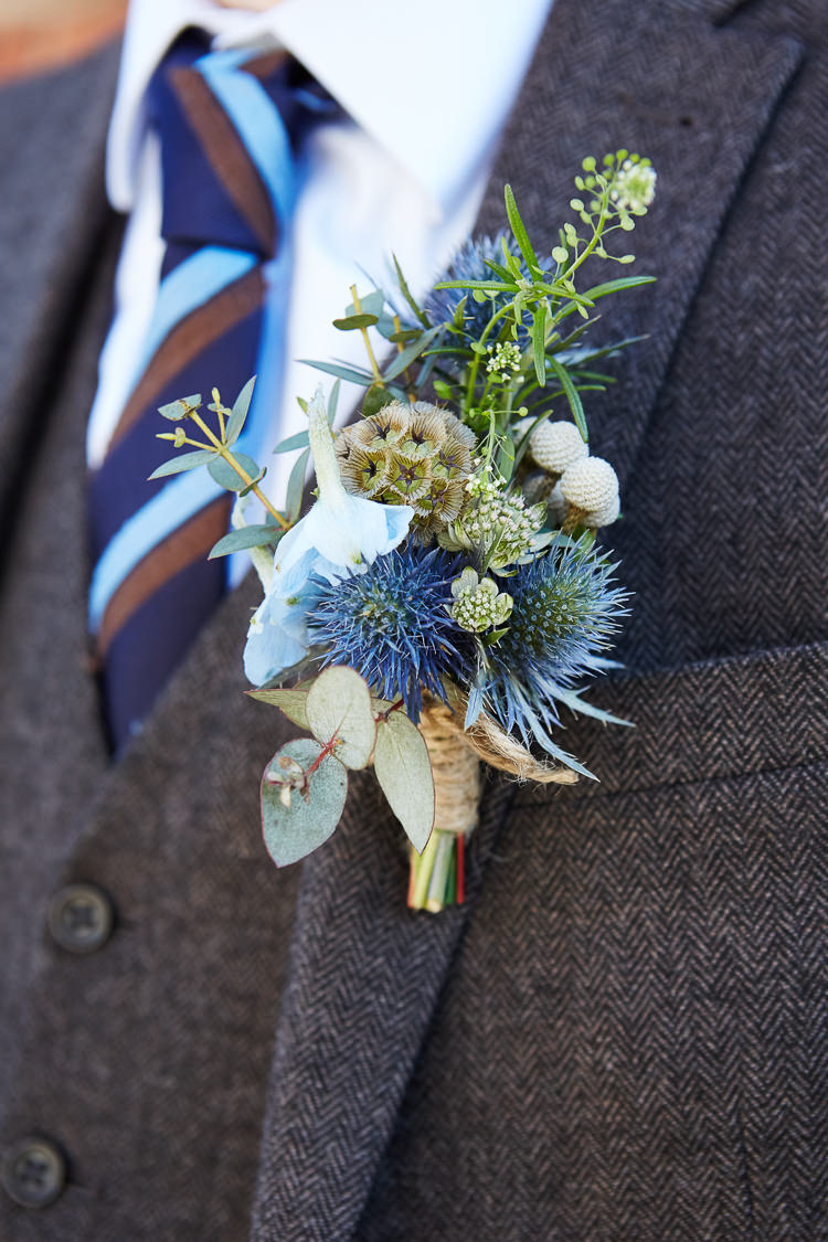 Natural Thistle Blue Groom Buttonhole Quaint Rustic Seaside Windmill Wedding Norfolk http://www.fullerphotographyweddings.co.uk/