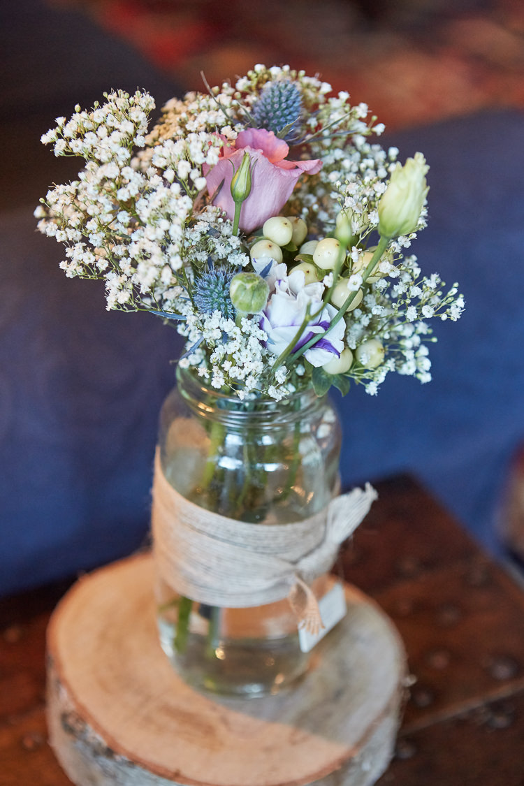 Hessian Jar Flowers Log Quaint Rustic Seaside Windmill Wedding Norfolk http://www.fullerphotographyweddings.co.uk/
